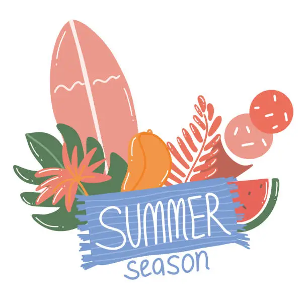 Vector illustration of Summer vacation scene tropical palm tree and beach objects with surfboard