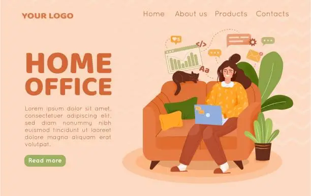 Vector illustration of Home work office. Landing page. Freelance business occupation. Woman with laptop on sofa. Remote computer job. Girl sitting on couch. Vector illustration website UI design template