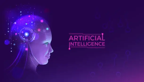 Vector illustration of Artificial intelligence. AI brain. Digital robot technology. Glowing cyborg head. Future data learning. Science mind. Human robotic network. Innovation computing. Vector background