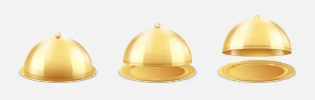 Vector illustration of Gold tray. Empty cloche. 3D restaurant food bell. Golden meal dish with glossy dome. Open plate for lunch. Closed luxury platter. Isolated tableware. Vector realistic serving elements set
