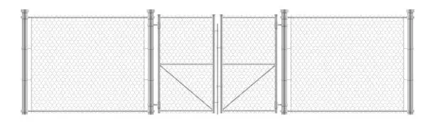 Vector illustration of Fence and closed gate. Wire barrier. Metal mesh. Steel net. 3D iron bar. Security wall with door. Military railing. Steel stainless balustrade. Prison enclosure. Vector isolated border