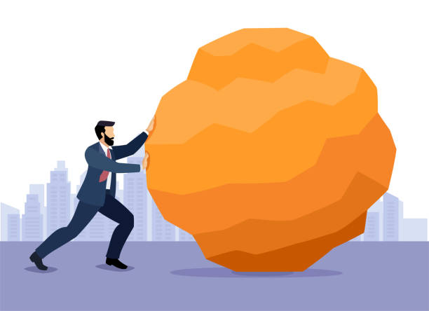 ilustraciones, imágenes clip art, dibujos animados e iconos de stock de un hombre de negocios que se esfuerza por empujar una roca gigante. - pushing over burdened rock men