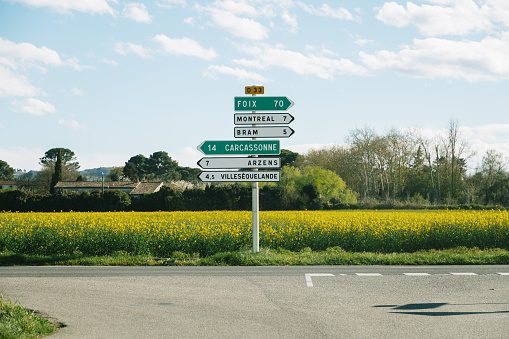A crossroad in France with directional signs.