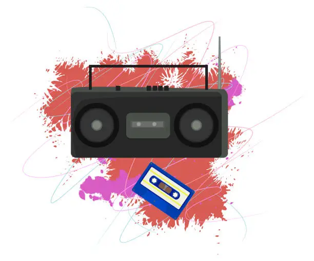 Vector illustration of 90s Retro tape recorder and cassette with grunge