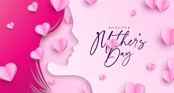 Happy Mother's Day Greeting Card Design with Paper Heart and Woman Face Silhouette on Light Pink Background. Vector Mothers Day Illustration for Banner, Postcard, Flyer, Invitation, Brochure, Poster