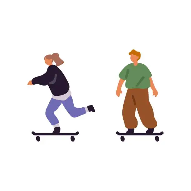 Vector illustration of Kids skating on boards outdoors. Friends ride on skateboards together on the street. Skaters fun on longboard. People have fun on the walk. Flat isolated vector illustration on white background