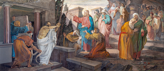 Milan - The fresco of  Resurrection of Lazarus in the church Chiesa di San Giorgio al Palazzo by Virginio Monti (1891).