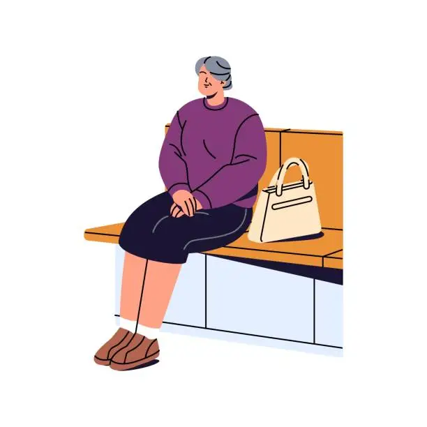 Vector illustration of Old woman sits on bench in public place. Tired senior with bag relaxes on seat. Happy granny waits transport on bus stop or in clinic line, queue. Flat isolated vector illustration on white background