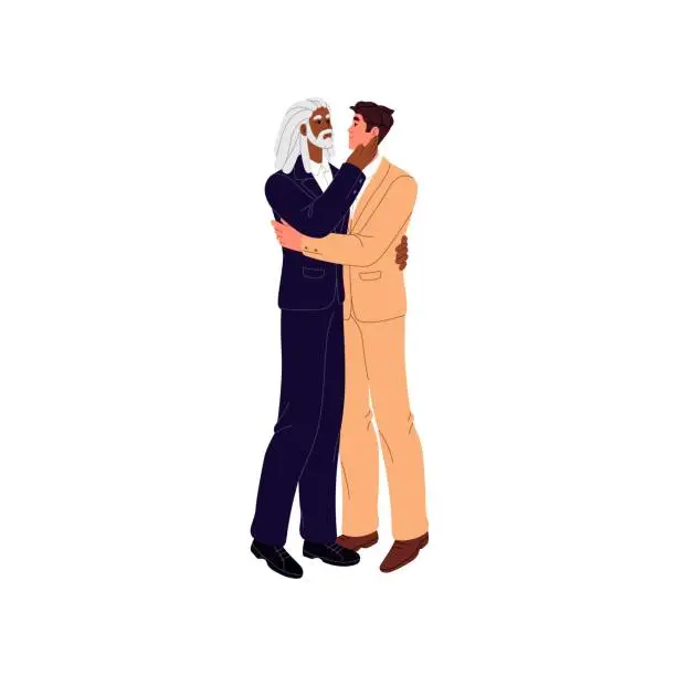 Vector illustration of Interracial homosexual couple wedding. Gays in bridal suits on marriage ceremony. Newlywed men hug to kiss. LGBT relationship, family bonding. Flat isolated vector illustration on white background
