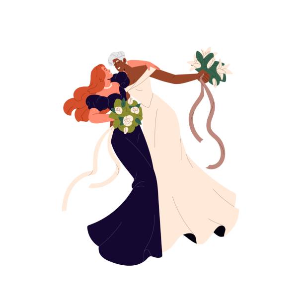 Lesbians in bridal dresses celebrate marriage. Interracial homosexual couple wedding. Newlywed women hug, hold flowers. LGBT family bonding. Flat isolated vector illustration on white background Lesbians in bridal dresses celebrate marriage. Interracial homosexual couple wedding. Newlywed women hug, hold flowers. LGBT family bonding. Flat isolated vector illustration on white background. bride holding bouquet stock illustrations