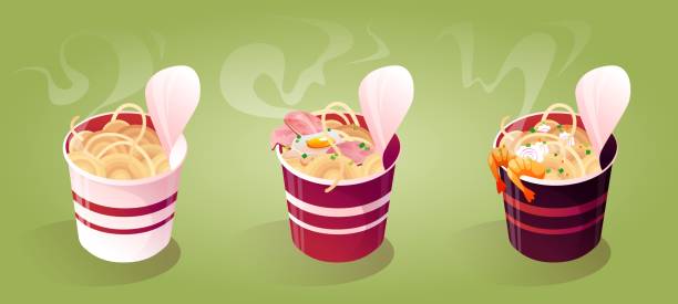 Instant noodle cups isolated on background Instant noodle cups isolated on background. Vector cartoon illustration of traditional asian fast food bowls with fresh cooked ramen, fried egg and meat, spicy shrimps, restaurant menu design elements instant noodle package stock illustrations