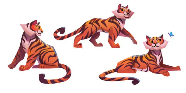 Vector illustration of Young tiger cartoon character in different poses