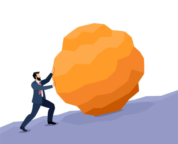 ilustraciones, imágenes clip art, dibujos animados e iconos de stock de businessman pushing huge stone uphill. business problem crisis hardship and burden concept. - pushing over burdened rock men