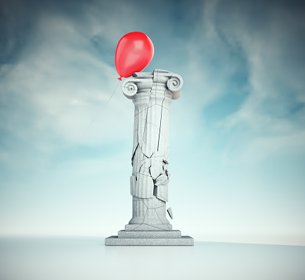 Balloon in flight that destroys a Roman column. The concept of impossible and unreal. THIS IS A 3D RENDER ILLUSTRATION.