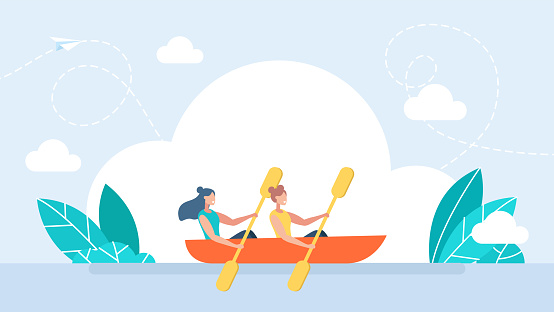 Two happy girls on boat. Female friendship. Friendly team rowing in boat together. Concept of effective collaboration and organized teamwork. Good relationship between colleagues. Vector illustration