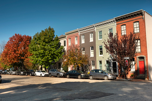 A street of row houses found on historic Federal Hill in Baltimore, Maryland.