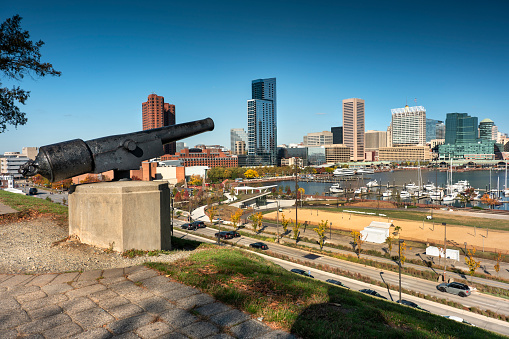 Downtown cityscape and Federal Hill Park on the Inner Harbor of Baltimore Maryland flowing out to the Patapsco River and Chesapeake Bay