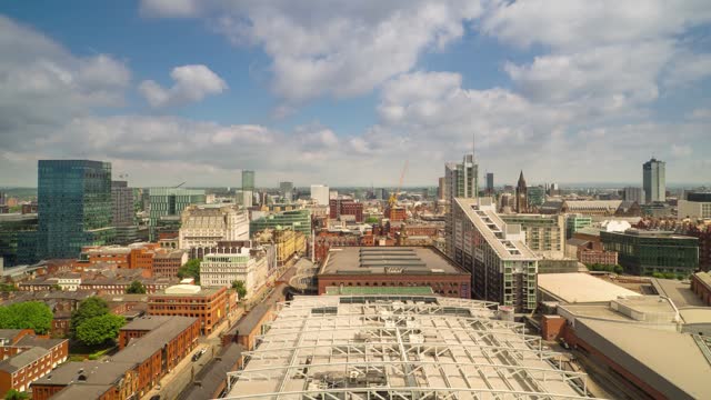 manchester city centre downtown aerial view sunny day timelapse england
