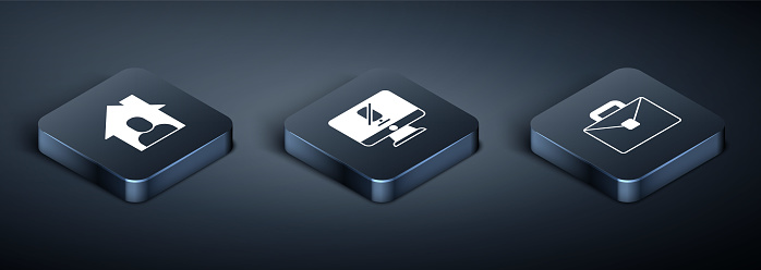 Set Isometric Online working, Briefcase and Mute microphone on computer icon. Vector.