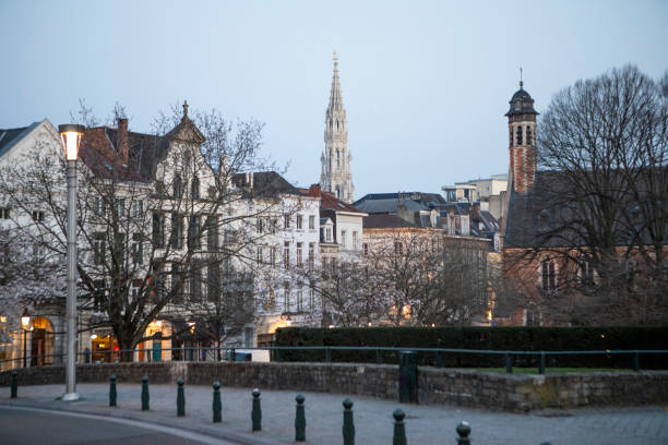 Brussels city skyline at dawn. The Hotel de Ville can be seen on the horizon.