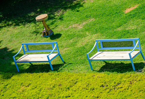 Blue benches and a side-table on grass at a park. Spring scene. Suitable as a background