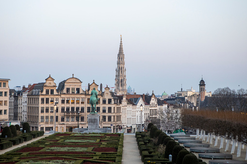 View of the snow-covered  Grand Place or Grote Markt which is the central square of Brussels, Belgium on February 7th, 2021.