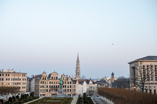 Brussels city skyline in the early morning viewed from Le Monts Des Arts. The Hotel de Ville can be seen on the horizon.