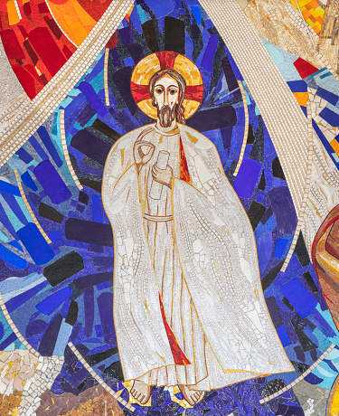 Milan - The detail of mosaic of Jesus in the church Chiesa dei Santi Giacomo e Giovanni by Ivan Rupnik.