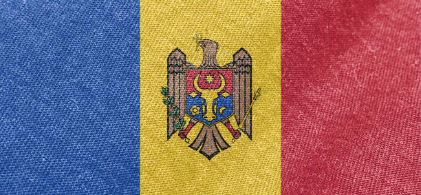 Moldova flag fabric cotton material wide flag wallpaper, Textured national flag of Moldova for graphic and web design purposes.
