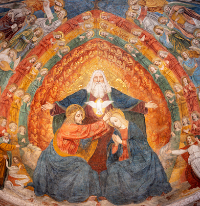 Milan - The central part of  fresco of Coronation of Virgin Mari in the apse of Basilica di San Simpliciano by  Ambrogio da Fossano detto il Bergognone (1453 – 1523).