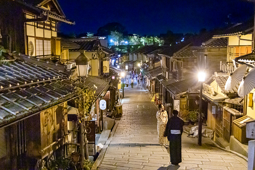 Kyoto, Japan - October 9, 2023: The famouse Sannen Zaka street with no people in the Gion district in Kyoto, Japan at night.