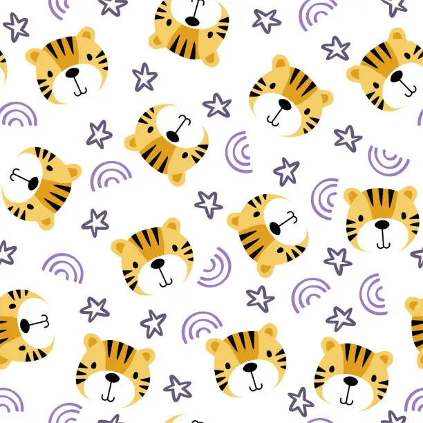 Vector illustration of Vector seamless pattern with tiger.Tropical jungle cartoon creatures.Pastel animals background.Cute natural pattern for fabric, childrens clothing,textiles,wrapping paper