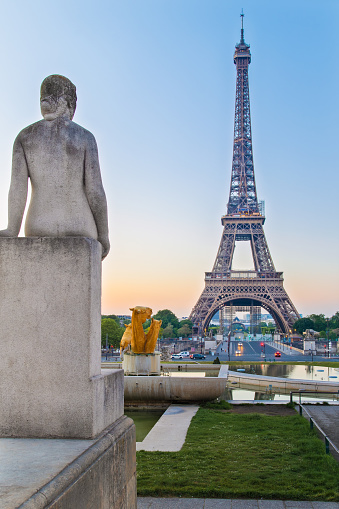 The Tour Eiffel seen from the Trocadero Gardens with one of the statues