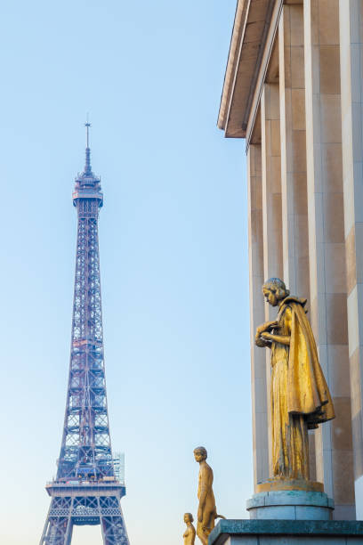 The Tour Eiffel seen from the Trocadero Gardens with some golden statues