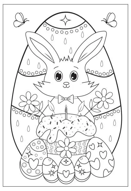 Vector illustration of Vector coloring postcard of a cute rabbit with beautiful easter egg and easter cake