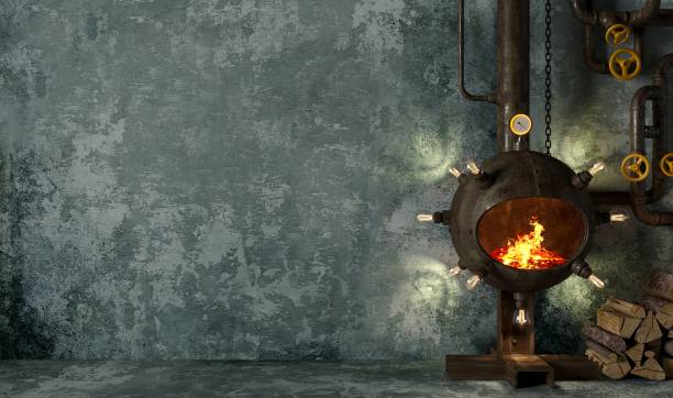 istock Fireplace in cyberpunk style interior concept 2141178903