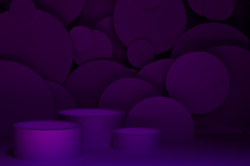 Abstract scene for presentation cosmetic products mockup - three round podiums in gradient dark purple violet glowing light, circles flying as decor. Template for showing in futuristic luxury style.