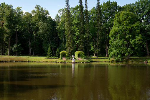 View of the Chinese Pond in the Oranienbaum Palace and Park Ensemble on a sunny summer day, Lomonosov, St. Petersburg, Russia