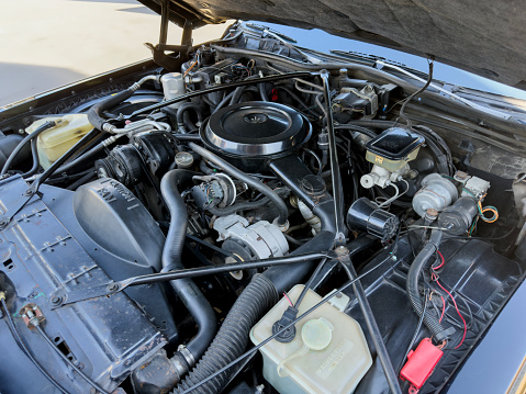 Internal combustion car engine under the hood