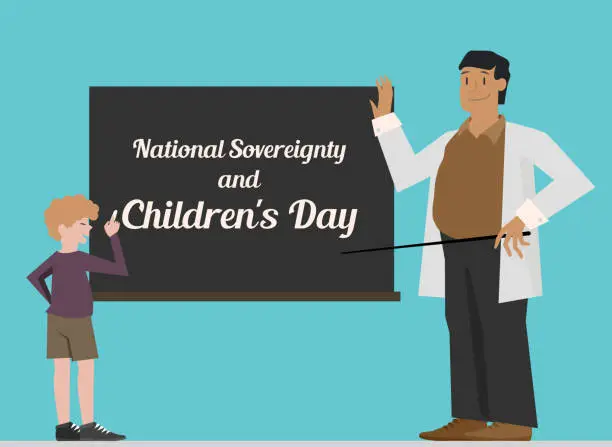 Vector illustration of April 23, National Sovereignty and Children's Day, 23 Nisan, Turkey, Turkiye, Handwritten text on Whiteboard, Ulusal Egemenlik ve Cocuk Bayrami, Flat design Teacher & Student