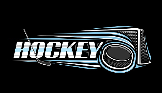 Vector logo for Ice Hockey, decorative horizontal banner with outline illustration of hitting hockey puck, thrown on trajectory in goal on dark background and unique lettering for blue word hockey