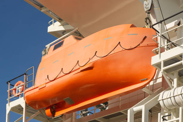 Powered lifeboat hanging from side of ship