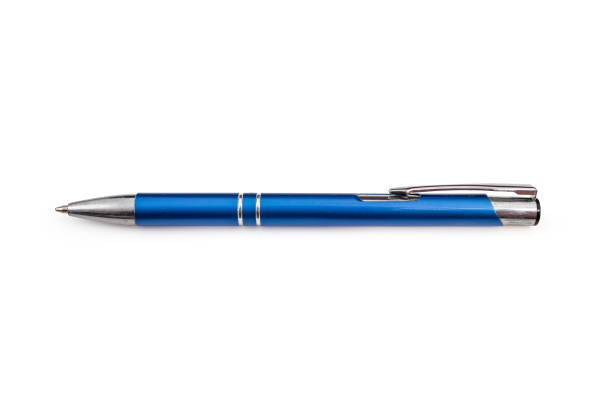 istock Used metallic blue ball point pen, isolated on white background,, close up texture 2141253652