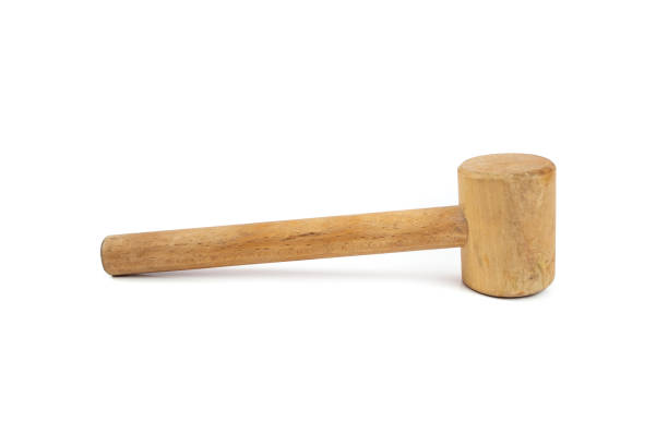 istock Wooden hammer isolated on white background, soft focus close up 2141255846