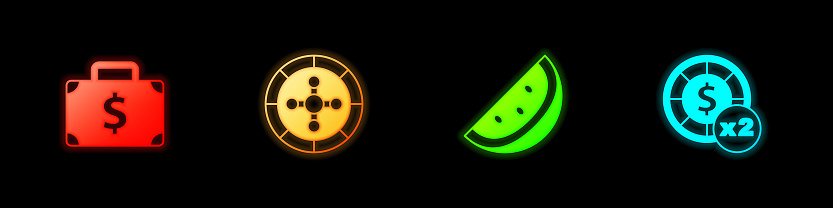 Set Briefcase and money, Casino roulette wheel, slot machine with watermelon and chips icon. Vector.