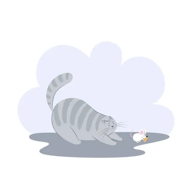 Vector illustration of Cute cat hunts a mouse