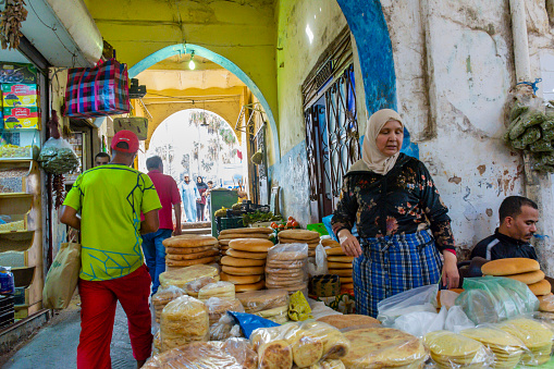 Tangier, Morocco. October 16th, 2022 - Bread stall in the central market in the medina