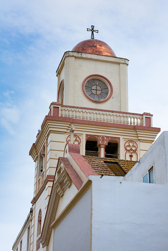 Tangier, Morocco. October 16th, 2022 - Belltower of th Catholic Church of the Immaculate Conception, or Spanish Church, built by the Spanish government, inaugurated in 1880