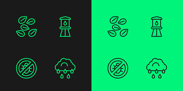 Set line Cloud with rain Stop colorado beetle Seeds of specific plant and Water tower icon. Vector.