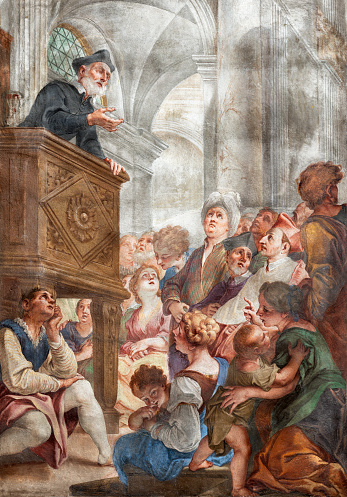 Genova - The fresco of St. Philip Neri at the sermon in the church Chiesa di san Filippo Neri by Marcantonio Franceschini (1648 – 1729).